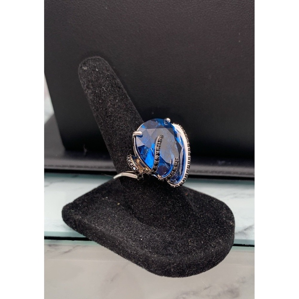 Lab Blue Spinel Ring w/ Natural Black Spinel Rhodium 925 Sterling Silver Sz 5.75 - Picture 4 of 8